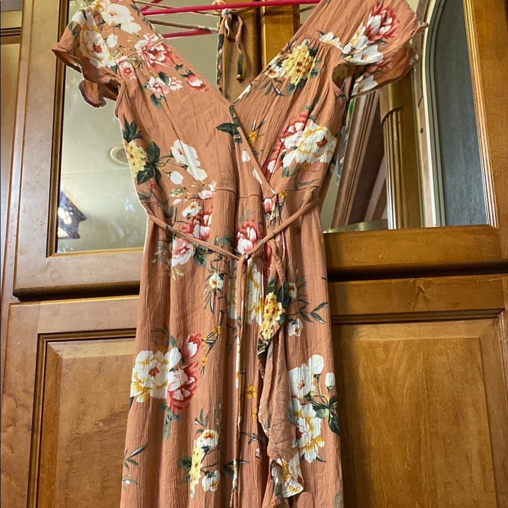 Band of Gypsies Mauve and Floral Wrap Midi Dress Summer Fairycore Fall